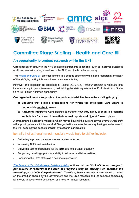 Embedding Research in the NHS - Cross sector Health and Care Bill Committee Stage briefing - House of Lords
