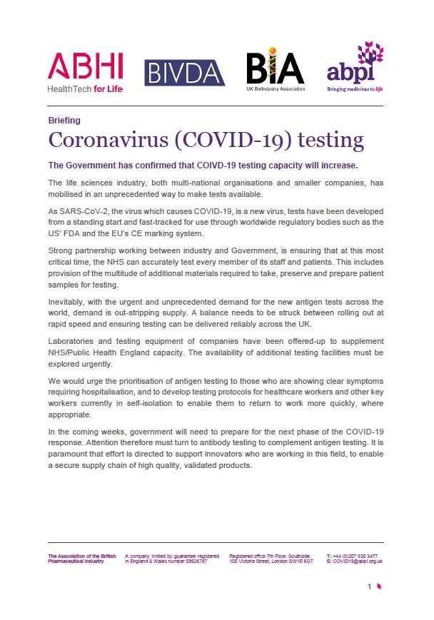 Briefing: Coronavirus (COVID-19) testing