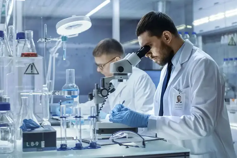 Two males scientists stand working at a lab bench, one looking into a microscope while the other in the background writes his notes. 