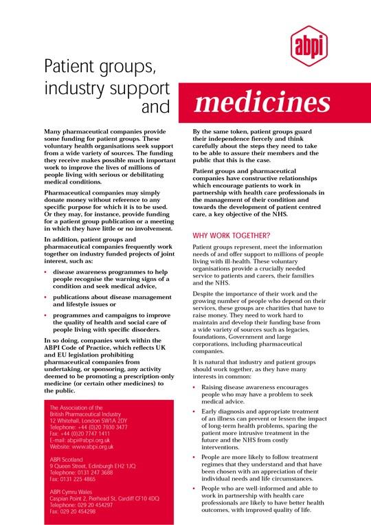 Patient groups, industry support and medicines