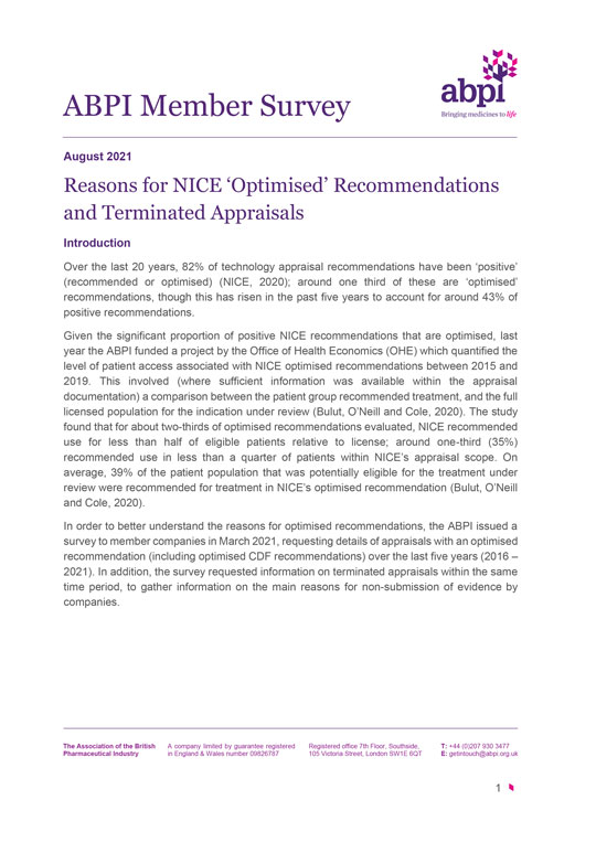 Reasons for NICE ‘Optimised’ Recommendations and Terminated Appraisals
