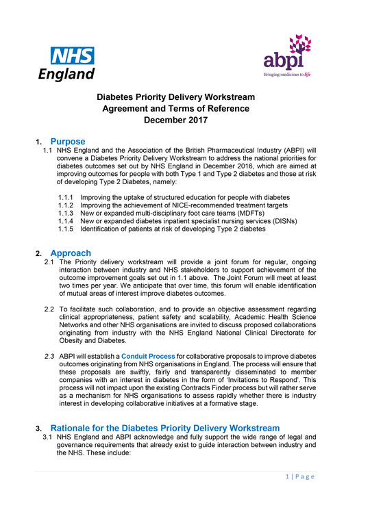 Diabetes Priority Delivery Workstream Agreement and Terms of Reference December 2017