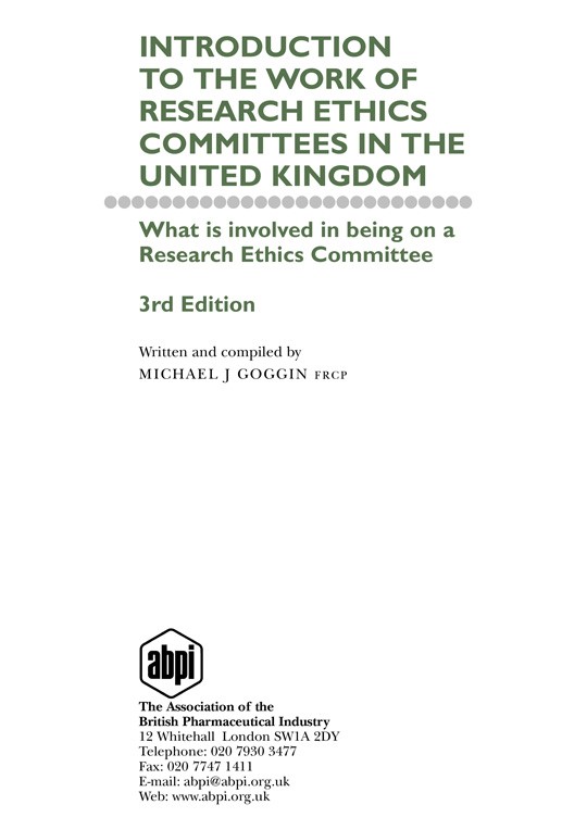 Introduction to the work of research ethics committees in the United Kingdom- 3rd Edition
