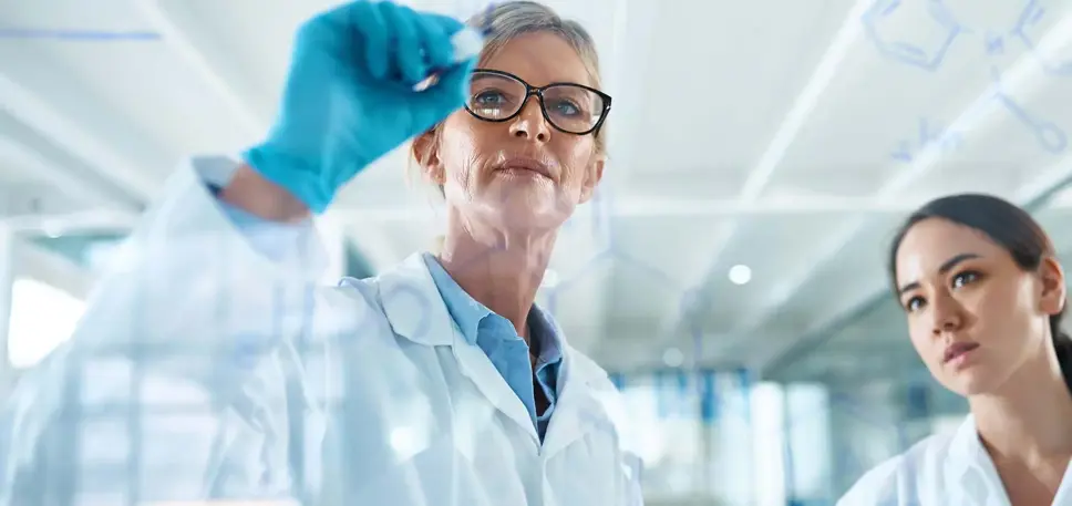 Two scientists writing on a glass screen