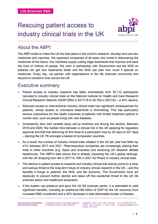 Rescuing the UK industry clinical trials