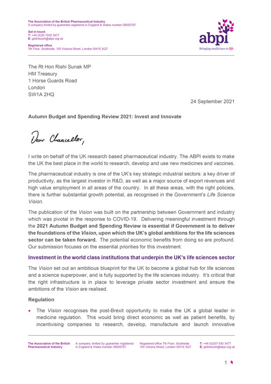 Autumn Budget and Spending Review 2021 submission and letter